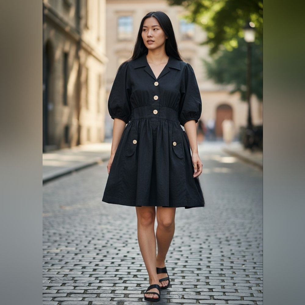 Button Down Belted Soft Black Dress